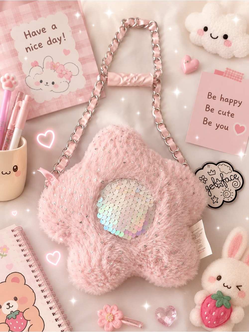 Angel Face Pink Fuzzy Star Purse Sequin Heart Kids Bag NWT